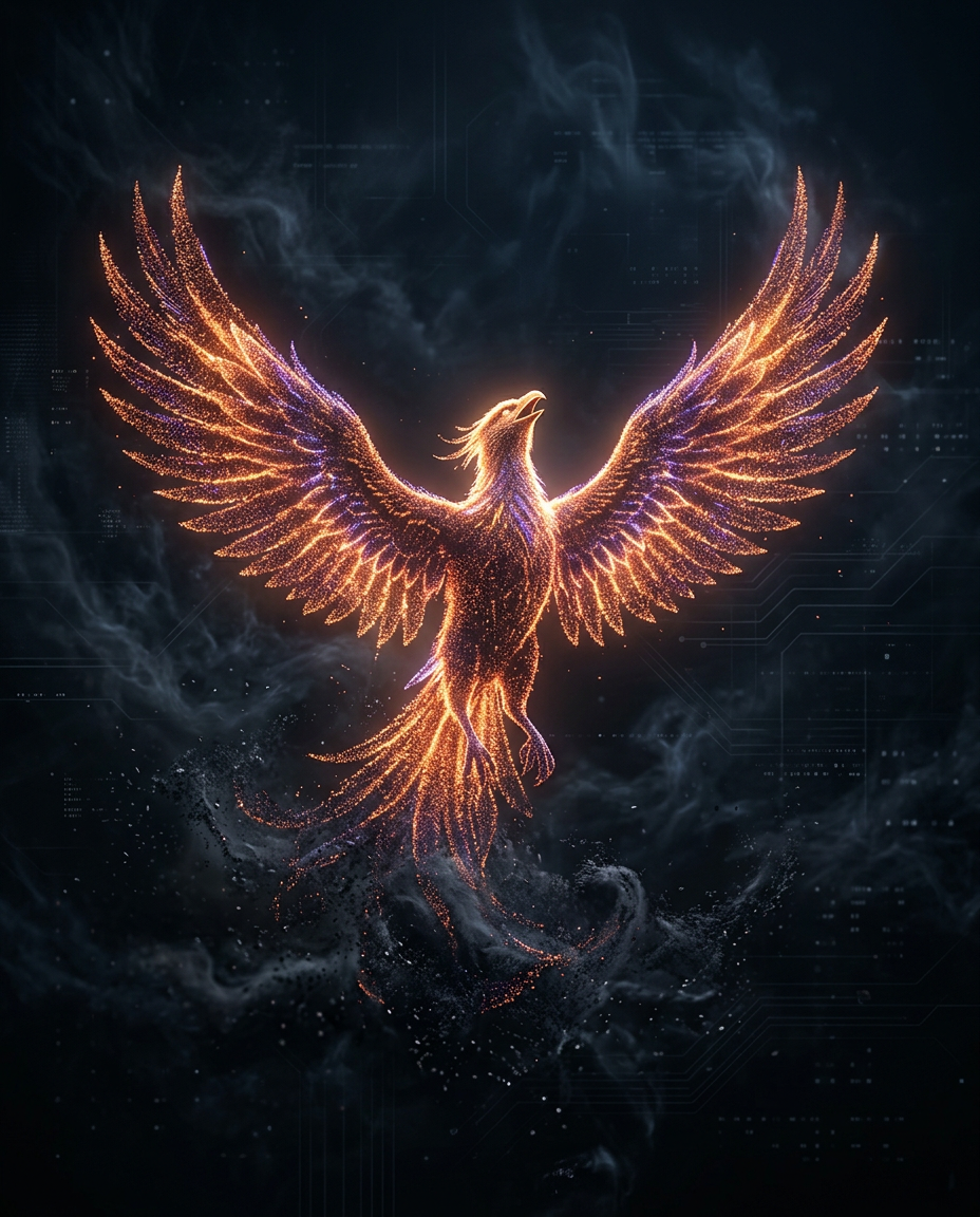 A digital phoenix rising from glowing embers